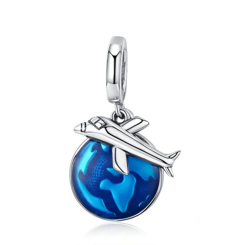 Dije de avión de viaje alrededor del mundo en plata de ley 925, ideal para pulseras y collares de mujer.