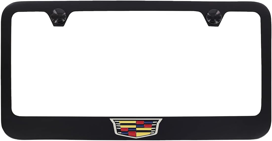 Cadillac Crest Metal License Plate Frame Tag Holder - Black Powder Coated with Exposed Chrome