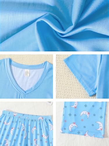 Image of YIJIU Women Soft Comfy Pajamas Cute Cat Short Sleeve Capri Pants PJS Set