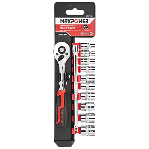 Maxpower 1/4" Drive Socket Set, 10Pcs Metric Sockets 6-Point With 72-Teeth Quick-Release Ratchet And 6" Extension Bar #TOP5