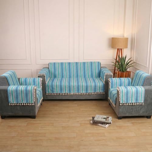 Image of Gifts Island Woven Acrylic Cotton Sofa Cover Mat, Blue Striped with Decorative Tassels, Non-Slip Design with Elastic Straps, 3 Seater and 1 Seater Mats with 6 Armrest Covers (Blue, 3+1+1 Seater)