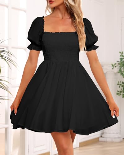 Image of Holipick Women's Casual Square Neck Smocked Dress Shirred Ruffle Puff Sleeve High Waist Cute Flowy A-Line Short Dress