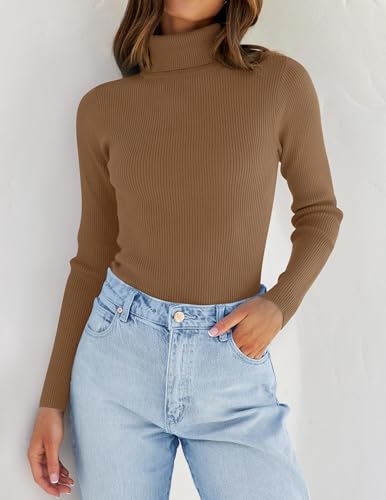 Image of ZESICA Women's Turtleneck Long Sleeve Shirts 2026 Spring Trendy Tops Slim Fitted Ribbed Knit Basic Casual Sweater