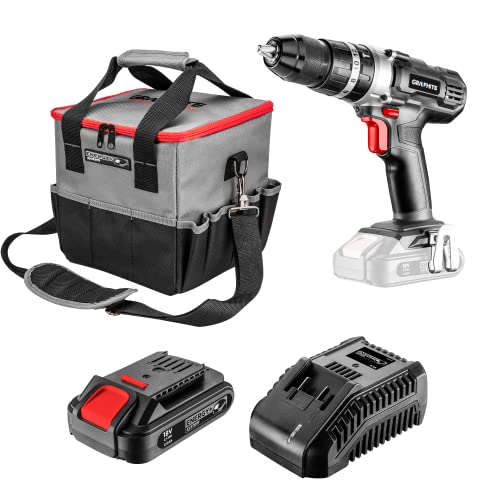 GRAPHITE Energy + Kit: Bohrmaschine/Schrauber, Ladegerät, 2.0Ah-Akkupack in Werkzeugtasche. 18V Akku-Bohrschrauber, Li-Ion, RPM I: 0-350 min¹ II: 0-1250 min¹, Elektrowerkzeugtasche