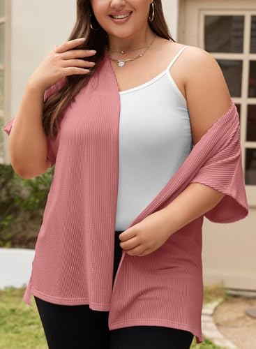 Image of Eytino Women Plus Size Lightweight Cardigan Half Sleeve Ribbed Knit Kimono Cardigans Tops(1X-5X)