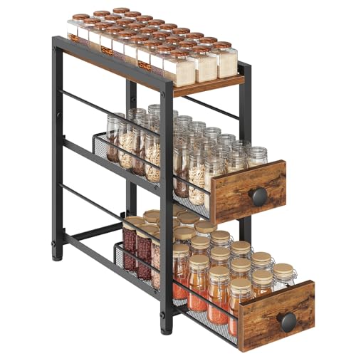 YATINEY Étagère à Épices à 3 Niveaux, Organisateur Étroit pour Plan de Travail de Cuisine avec 2 Tiroirs, Rangement Café avec Tiroirs Coulissants, pour Capsules...