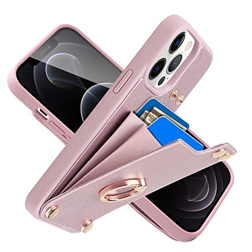 Lameeku Wallet Case Compatible With Iphone 12 Pro/Iphone 12, Case With Card Holder Leather Cover 360°Rotation Ring Kickstand Protective Bumper Designed For Iphone 12/ Iphone 12 Pro 6.1'' Rose Gold #TOP10