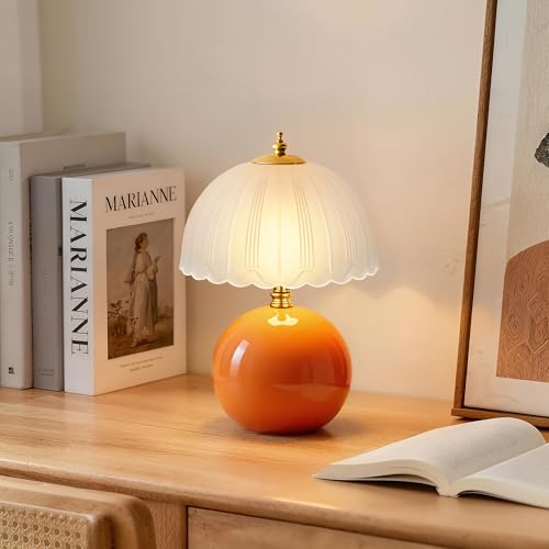 PARTPHONER Mushroom Table Lamp, Ceramic Bedside Lamp with Glass Shade,