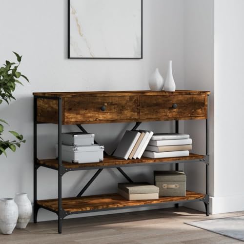 Mokuyary Table Console avec tiroirs et étagères chêne fumé Console pour Couloir, Table d’entrée Bout de Canapé Étroit pour Entrée, Salon
