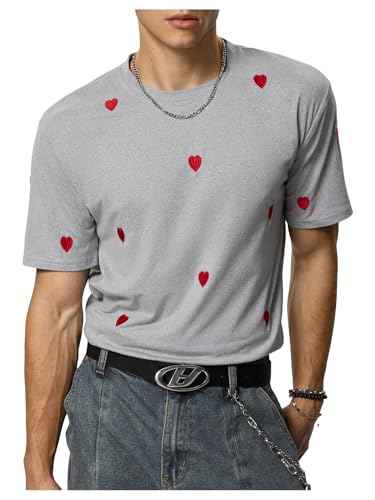 SHENHE Mens Heart Embroidered Short Sleeve Tops Crew Neck Casual T Shirts Summer Tee Grey Small