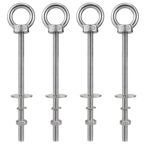 Image of M6 Stainless Steel Eye Bolt with Nuts 4 Pack, M6 x 100mm (1 /4 inch x 4 inch) Long Ring Shoulder Lifting Eye Bolt for Swing, Male Screw Threaded Eyebolt kit Tie Down Outdoor Indoor