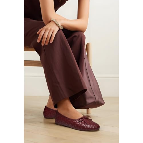 Women’s Woven Ballet Flats Leather Plaid Round Toe Mary Jane Shoe with Bow Tie Fashion Dress Slip on Low Heel Ballerina Shoes3