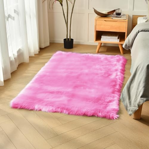 duduta Hot Pink Faux Sheepskin Fur Rug 3x5 ft, Fluffy Carpet Rug