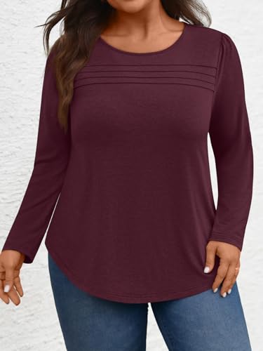 WYNNQUE Women Plus Size Long Sleeve Shirts Pleated Front Tunic Tops Curved Hem Casual Blouses2