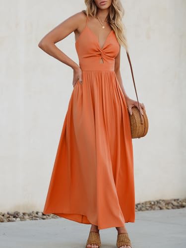 Image of CUPSHE Women Casual Dress Beach Sleeveless V Neck Summer Cutout Spaghetti Straps Formal Maxi Sun Dresses