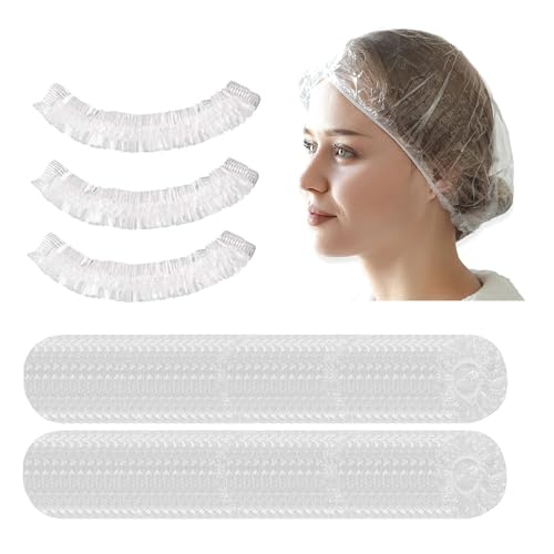 Gorro de Ducha Desechable de Plástico Impermeable, Impermeables Transparente Gorro Ducha, Disposable Hair Bath Shower Caps, 100PC, para Uso en el Hogar Viajes, Hotel, Spa y Peluquería