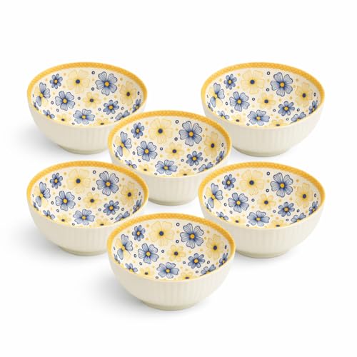Image of YELONA Ceramic Snack Bowls - Set of 6 (300 ml Each) - Microwave Safe Side Bowls for Serving Noodles, Soups | Rice, Dal, Fruits | Perfect for Christmas Gift | New Year Gift & Daily Use (Flora)