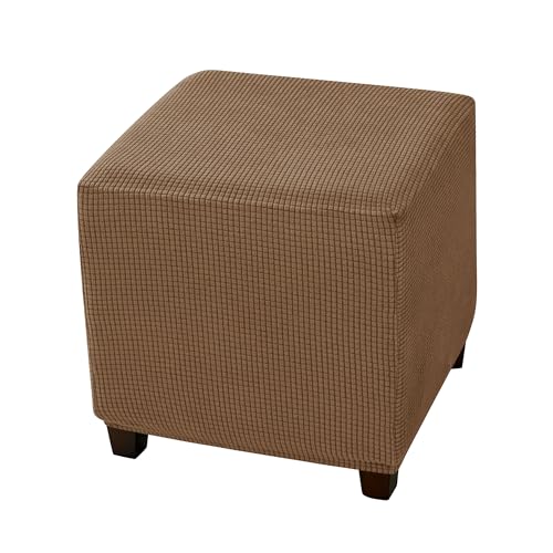CONRUSER Stretch Ottoman Covers, Soft Square Ottoman Slipcover Jacquard Storage Stool Cover Footstool Slipcover for Living Room Furniture Protector (Brown)