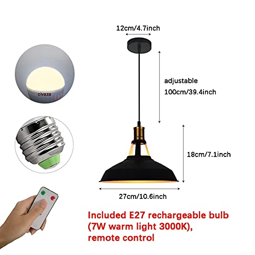 Civaza 1 Pack Vintage Adjustable Black Hanging Pendant Light Farmhouse Decor, Led Battery Operated Remote Control Indoor Wireless Dimmable Ceiling Hanging Light Fixture For Home Kitchen Lighting #TOP1