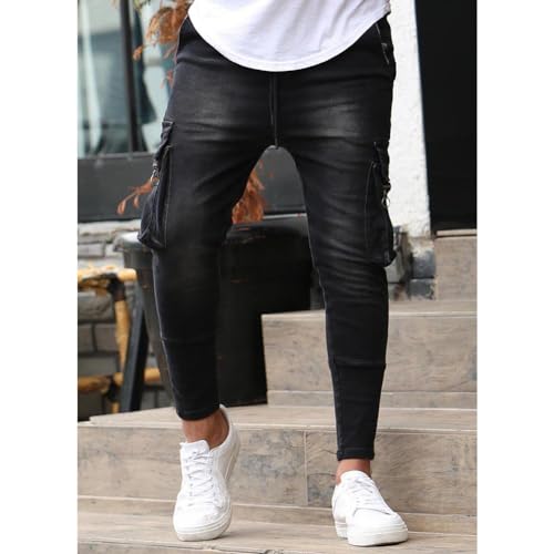 Men's Moto Biker Skinny Jeans Slim fit Cargo Denim Pants2