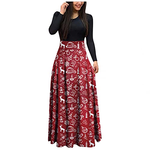 Women‘s Dresses High Waist Long Sleeve Dress O Neck Christmas Santa Snowman Long Loose Maxi Dress Pocket Casual Dress Red