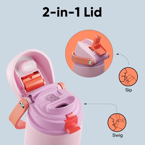 Image of Insulated Water Bottle with Straw - Encool Stainless Steel Water Bottle with Push Button Lid, Leak-Proof & BPA-Free, Keeps Cold for 24 Hours for Sports, Travel, Gym (18 oz, Lily-Red)