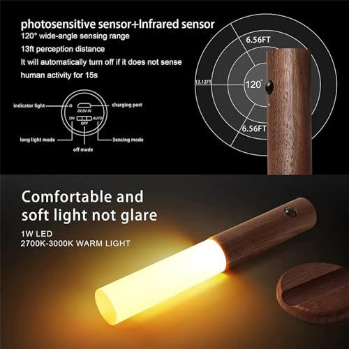 Luz de pared de madera regulable con sensor de movimiento para interior, pack de 2 unidades 2