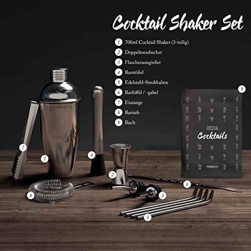 Foto von Cocktail Shaker Set + Rezeptbuch: Premium Edelstahl Bar Cocktailset Cocktailshaker Messbecher Strohhalme Barlöffel Stößel | Profi Barkeeper Barset Cocktailzubehör Zubehör Geschenk Frauen Männer
