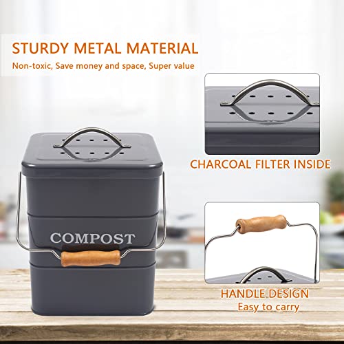 Morezi Komposteimer Küche 6L – Geruchsdichter Biomülleimer aus Kohlenstoffstahl mit Aktivkohlefilter | Robuster & Platzsparender Bioabfallbehälter - Grau