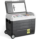 OLIXIS Portable Car Refrigerator, 53QT Dual-Zone Electric Cooler for Vehicles with Wheels & Cutting Board, -4℉-68℉ Freezer Smart Control via Bluetooth, Battery Protection, 12/24V DC & 100-240V AC