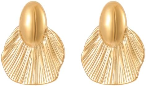 Gold Seashell Earrings for Women Dangle Chunky Fan-shaped Shell C...