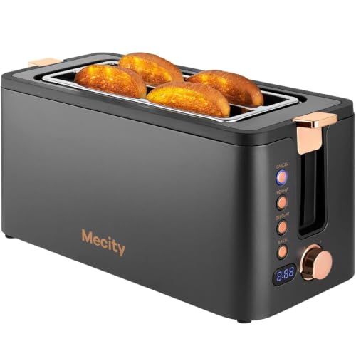 Image of Mecity 4 Slice Toaster, Long Slot Toaster With Warming Rack, Timer, Bagel, Defrost, Reheat Functions, Crumb Tray, 6 Browning Settings, Extra Wide Long Slots, Stainless Steel, 1300W, Grey