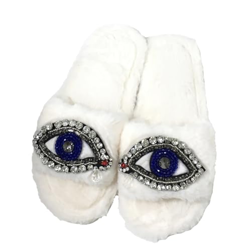 Women's Beaded Evil Eye & Rhinestone Plush Faux Fur Slide Slippers