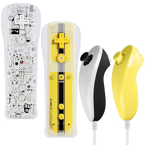 Leikurvo Paquete de 2 mandos Wii Remote, con Nunchuck para Wii Remote y mango de repuesto para WiiU (Negro + Amarillo)