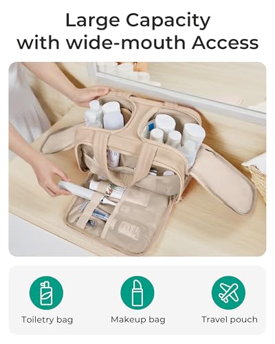 Image of BAGSMART Travel Toiletry Bag, Puffy Toiletry Bag for Women, Wide-open toiletry bags for traveling, Large Travel Cosmetic Makeup Bag Organizer for Accessories,Toiletrie (Khaki)