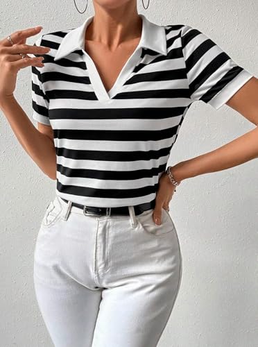 LilyCoco Womens Striped Shirt Fitted Collared Neck Short Sleeve T Shirt3