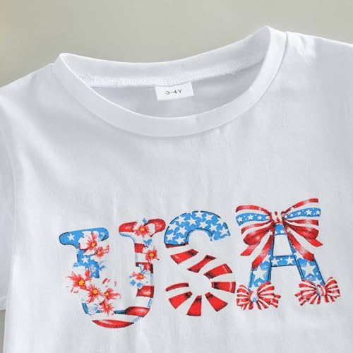 Image of Kids Toddler Girls 4th of July T-Shirt Coquette Bowknot Patriotic USA 250 American Flag Independence Day Top