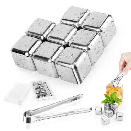 Cubitos de hielo de acero inoxidable, 8 unidades, reutilizables, de acero inoxidable, con pinzas, para whisky, vodka, licor, vino, zumo de bebidas o limonada