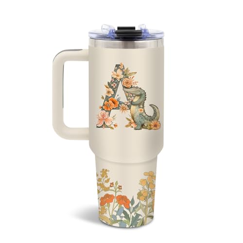DUUV Crocodile Monogrammed Tumbler 40 Oz with Handle, Monogrammed Gifts for Women Girls Friends, Fun Crocodile Design Letter A Insulated Coffee Travel Cup, Gifts for Christmas Thanksgiving, 1PCS