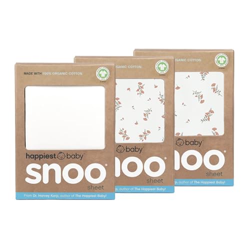 Happiest Baby SNOO Bassinet Fitted Sheet - 100% Organic Cotton Nursery Bedding - Fits SNOO Sleeper Crib Mattress - 3-Pack Bundle (Wildflowers (2) Ivory (1))
