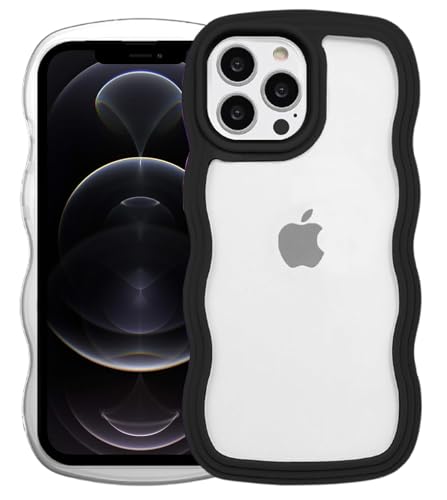Image of GoldKart iPhone 12 Pro Max Case Wavy Edge Clear Back Design, Anti-Slip Grip Cute Wave Curly Frame Shape Shockproof Soft TPU & Hard PC Bumper Protective Phone Case Cover for Women Girls - Black