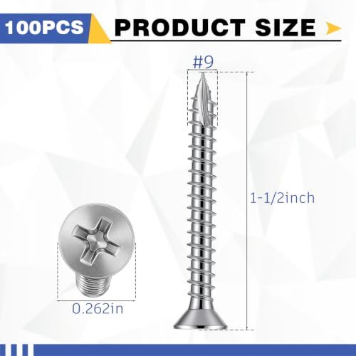 Image of 100 Pack Satin Nickel Wood Screws #9 x 1 1 /2 Inch Silver Extra Long Heavy-Duty Hinge Screws for Doors, Cabinets, Furniture & DIY Projects