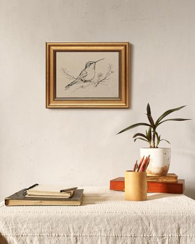 Image of VIYYIEA Vintage Gold Framed Wall Art for Living Room, Hummingbird Canvas Prints Home Decor, Oil Painting Picture, Bedroom Wall Decor Gifts for Friends or Family -【Resting Hummingbird】-(10L x 8W)