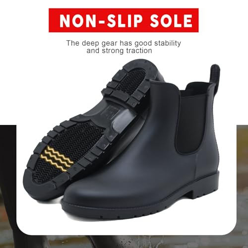 Acfoda Gummistiefel Damen Kurzschaft Regenstiefel Wasserdicht Lack Regenschuhe Frauen Gummistiefeletten Ankle Chelsea Boots mit Blockabsatz Schwarz Gr.39