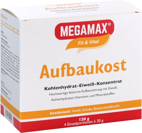 MEGAMAX Aufbaukost in 4 verschiedenen Geschmacksrichtungen. Ideal zur Kräftigung und bei Untergewicht. Pulver zur einfachen Zubereitung eines fettarmen Kohlenhydrat-Eiweiß-Getränkes.