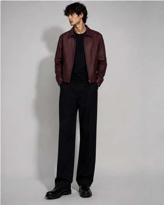 Image of Men's Burgundy Faux Leather Jacket - Classic Zip-Up Bomber Jacket with Shirt Collar, Long Sleeves & Modern Slim Fit