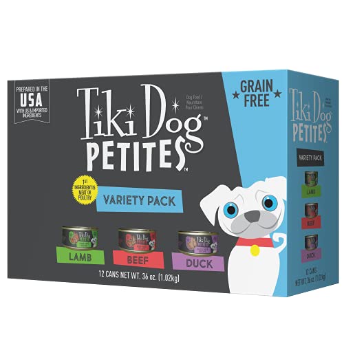 Tiki Pets 11343 Dog Petites Pate – High Protein & Grain Free Wet Food Lamb, Beef & Duck Recipes, 12 cans 3oz , Variety Pack