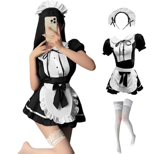 bechoanigel Costume de soubrette sexy pour femme avec serre-tête, bas blancs, pour Halloween, cosplay, fêtes à thème, carnaval, taille L