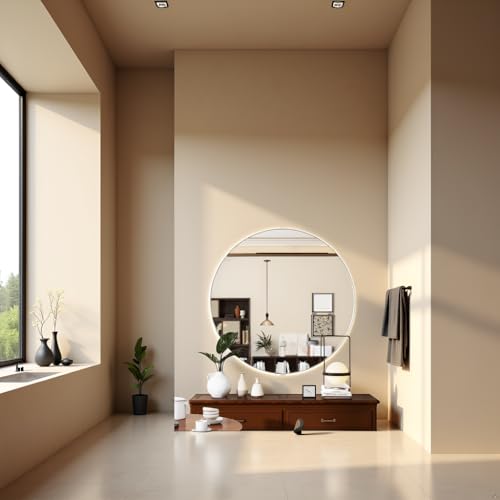 Image of Round Wall Mirror with Durable Wooden Frame - 30 inch (White) | Modern Decorative Wall Hanging Mirror for Bathroom, Bedroom, Basin, Dressing Table, Entryway & Home Interior Decor
