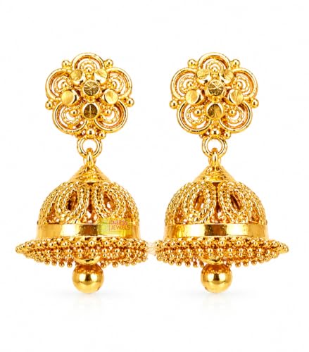 Image of Sangara Jimikki Earrings Traditional Gold Plated Jhumka for Women | Copper Made Ball Drop Jhumkas | Daily Wear Ethnic Earrings for Girls & Ladies | Lightweight Temple Style Jewellery (Gold)
